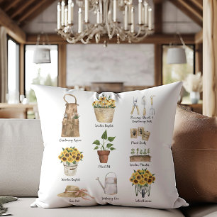 Gardening Essential Tools Watercolor Sunflower Outdoor Pillow