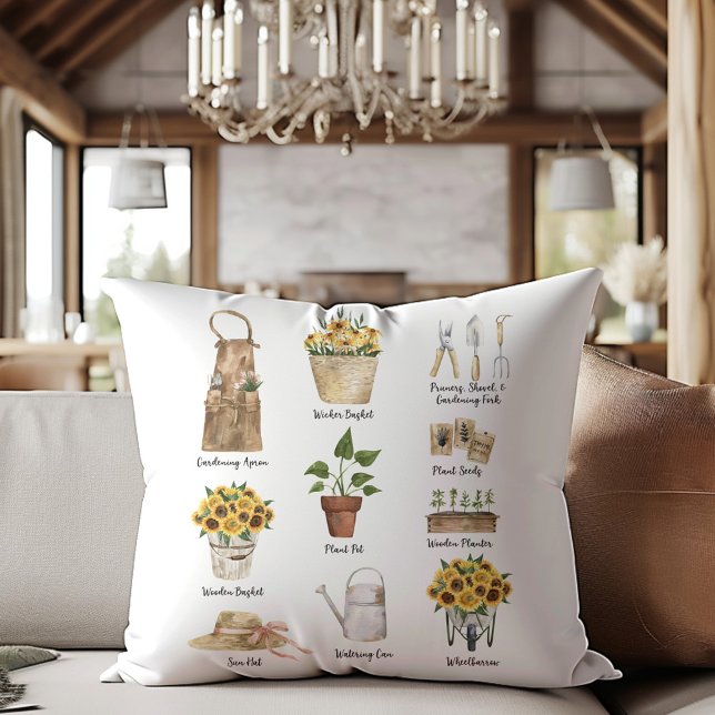 Gardening Essential Tools Watercolor Sunflower Outdoor Pillow (In situ)