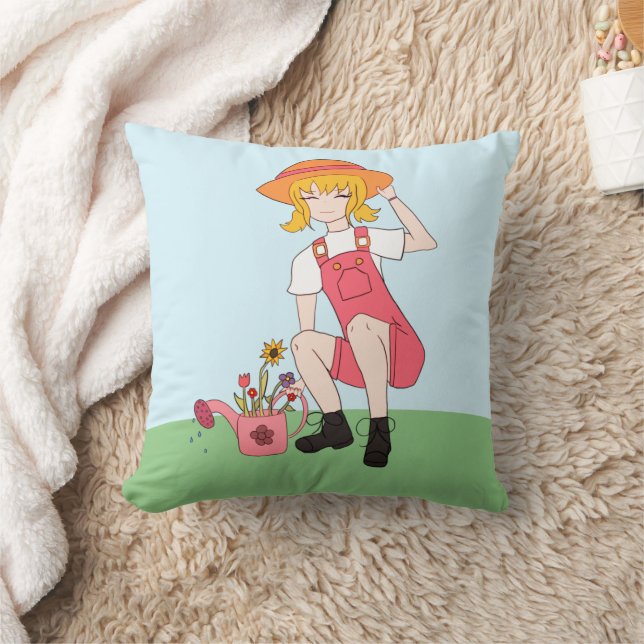Gardening Girl with Flowers Blond Hair Throw Pillow (Blanket)