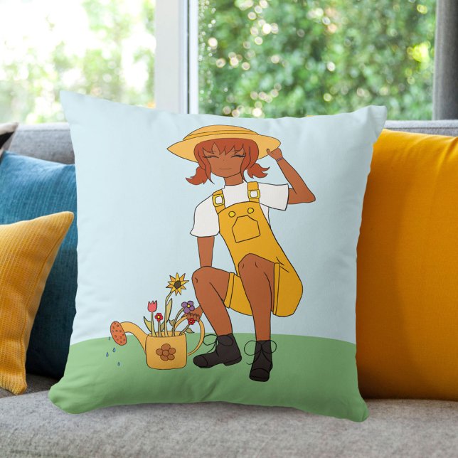 Gardening Girl with Flowers Drawing Throw Pillow (Creator Uploaded)