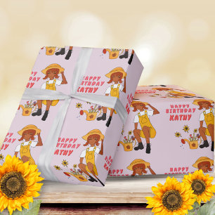 Gardening Girl with Sunflowers Happy Birthday Wrapping Paper