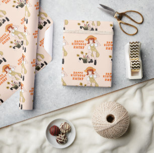 Gardening Girl with Sunflowers Happy Birthday Wrapping Paper