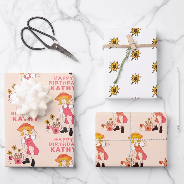 Gardening Girl with Sunflowers Happy Birthday  Wrapping Paper Sheets (Front)