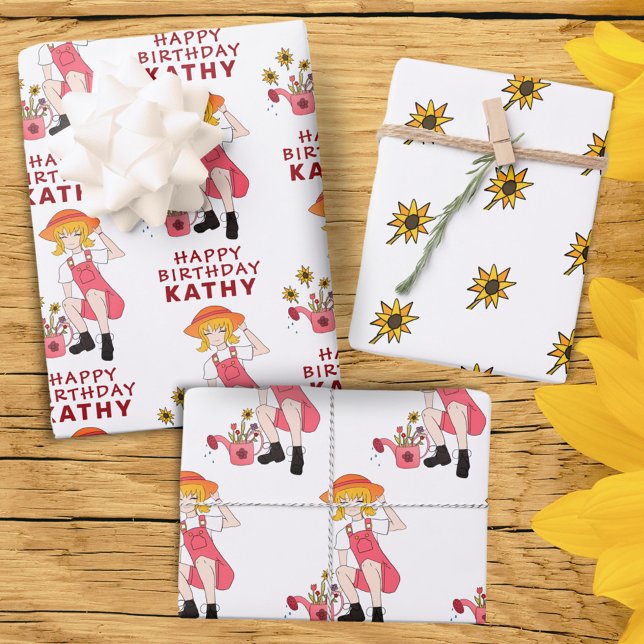 Gardening Girl with Sunflowers Happy Birthday Wrapping Paper Sheets (Creator Uploaded)