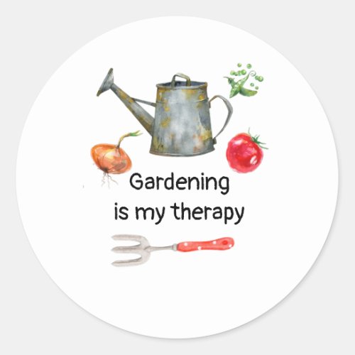 Gardening is my therapy vegetables  watering pot   classic round sticker