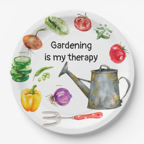 Gardening is my therapy vegetables  watering pot   paper plates