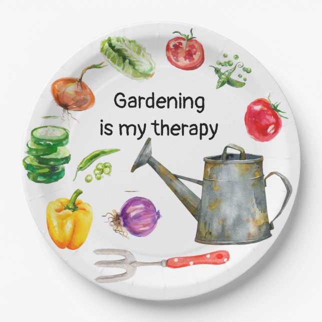 Gardening is my therapy vegetables  watering pot   paper plates (Front)