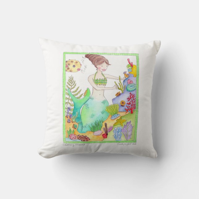 Gardening Mermaid art pillow by Marley Ungaro (Front)