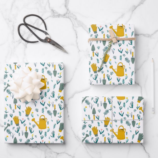 Gardening Pattern Watering Can Flowers Garden Gift Wrapping Paper Sheets (Front)