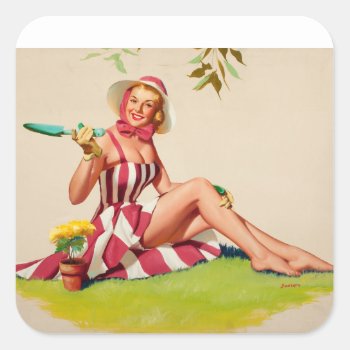 Gardening Pin Up Art Square Sticker by Pin_Up_Art at Zazzle