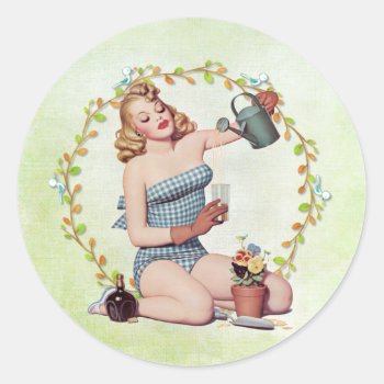Gardening Pinup Girl Classic Round Sticker by Spice at Zazzle