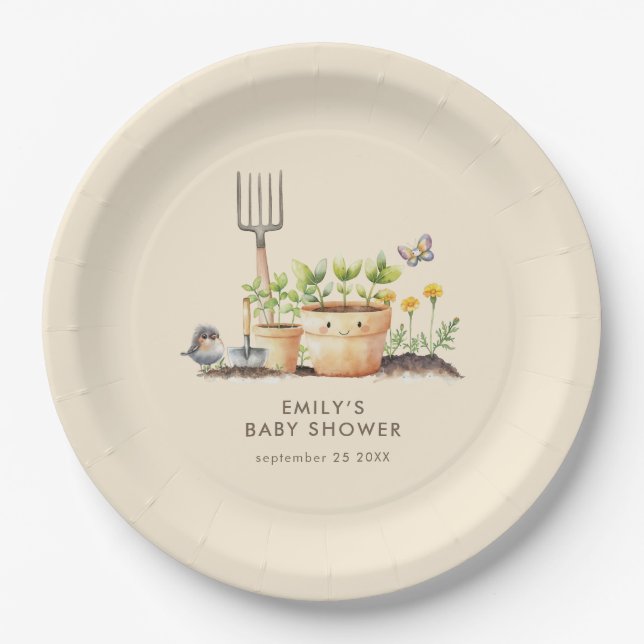Gardening Plants Little Sprout Baby Shower  Paper Plates (Front)