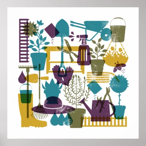 Gardening Poster in Green Purple Teal and Gold