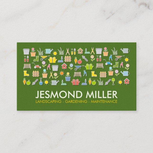 Gardening Services - colorful icons pattern Business Card (Front)