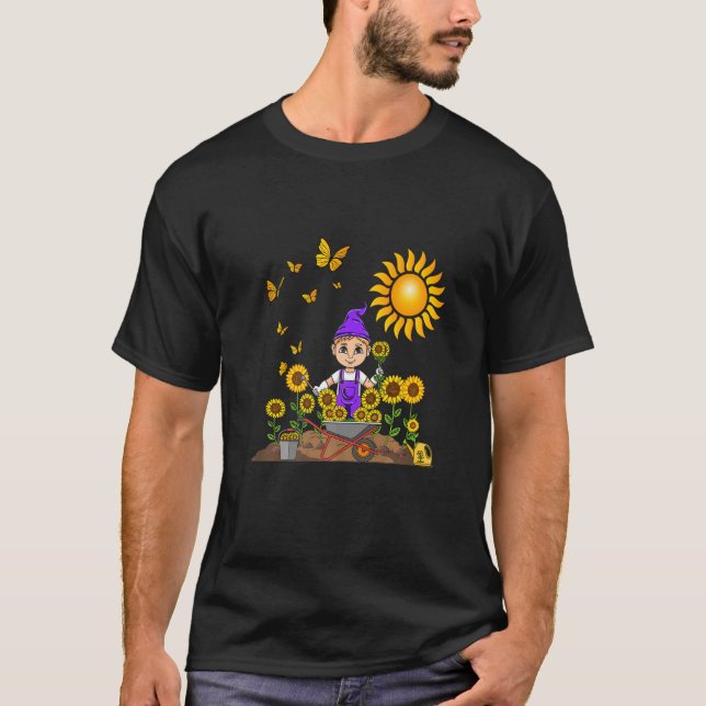 Gardening sunflower plants flowers garden gnome ki T-Shirt (Front)