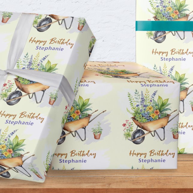 Gardening Themed Happy Birthday Personalized Wrapping Paper (Personalized birthday gift wrap on a roll, with wheelbarrows full of plants and personalized name)