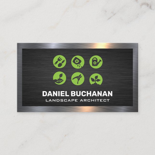 Gardening Tool Icons | Metallic Border Business Card (Front)