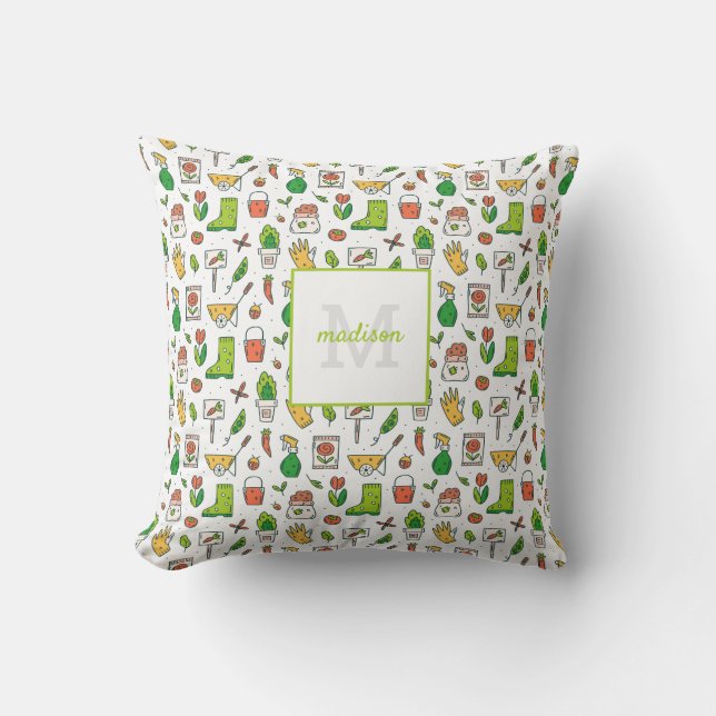 Gardening Tool Pattern Gardeners Monogram Initial Outdoor Pillow (Front)