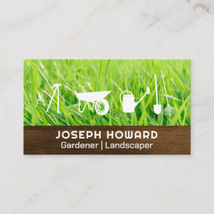 Gardening Tools Cut Grass Wooden Board Business Card