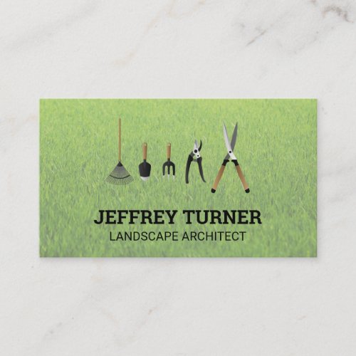 Gardening Tools  Grass Background Business Card