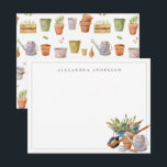 Gardening Tools Personal Stationery Note Card<br><div class="desc">This chic personalized stationery note card features a wheelbarrow with flowers,  plant pots,  a rake,  and a watering can in watercolor on a white background. You can find matching products at my store.</div>
