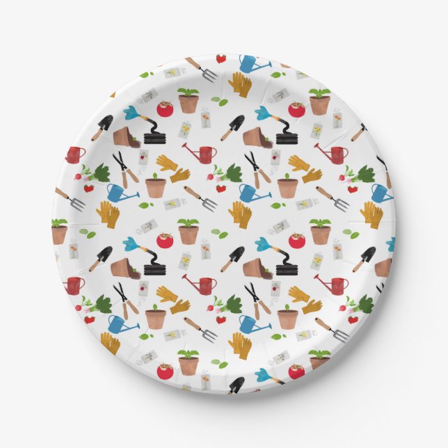 Gardening Tools Plants Gardener Nursery Pattern Paper Plates (Front)