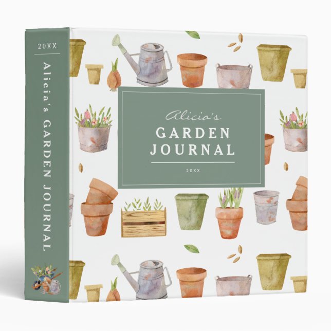 Gardening Tools Watercolor Garden Journal 3 Ring Binder (Front/Spine)