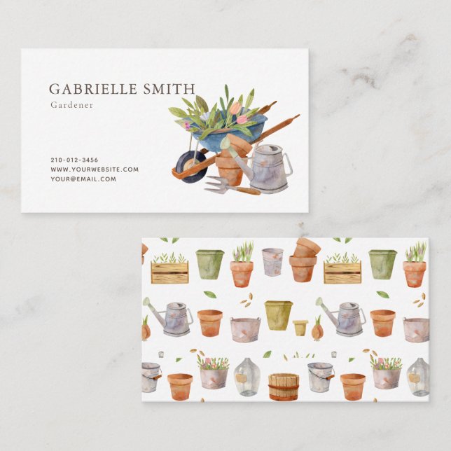 Gardening Tools Watercolor White Business Card (Front/Back)