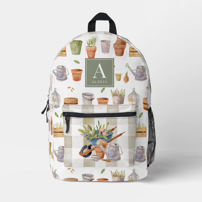 Gardening Tools Watercolor White Olive Gingham Printed Backpack (Front)