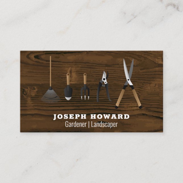 Gardening Tools | Wood Board Table Business Card (Front)