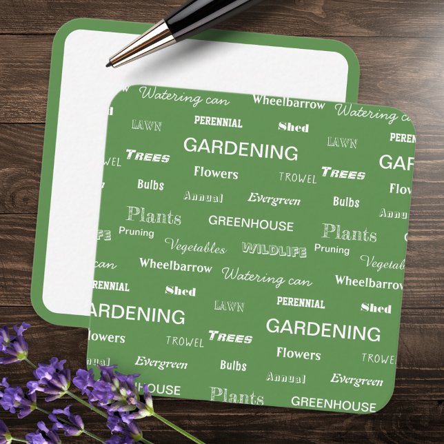 Gardening Words Pattern Stylish Green Garden Chic Note Card (A note card with gardening words on green background, and blank white with green border on reverse)