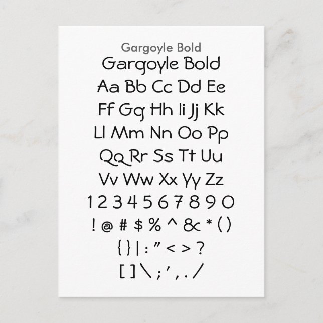Gargoyle Bold - Zazzle Font Sampler Sheet Postcard (Front)