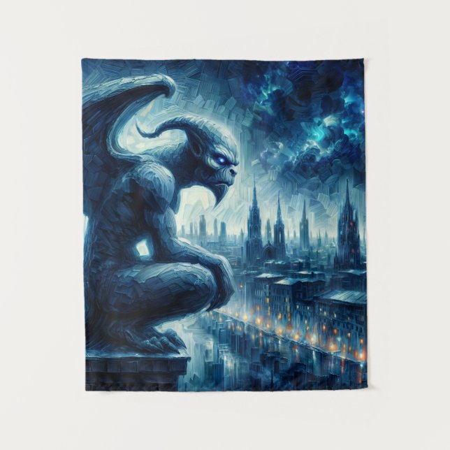 Gargoyle In Gothic City At Night Tapestry (Front)