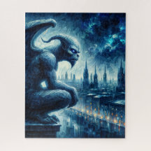 Gargoyle Watching Over Gothic City Blue