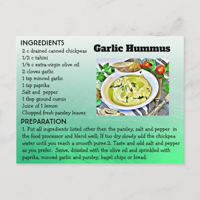Garilic Hummus Recipe Post Card (Front)