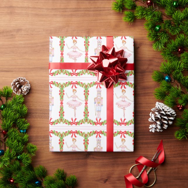 Garland Bow Ribbon Nutcracker Ballerina Christmas Wrapping Paper (Holiday Gift)