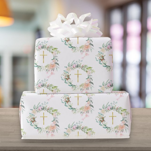 Garland Christian Gold Cross Roses Floral  Wrapping Paper (Garland Christian Gold Cross Roses Floral Wrapping Paper)