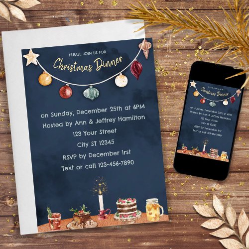 Garland Foods and Candle on Table Christmas Dinner Invitation