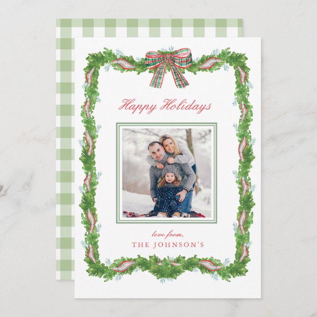 Garland Frame Ribbon Plaid Bow Christmas Photo Holiday Card (Front/Back)