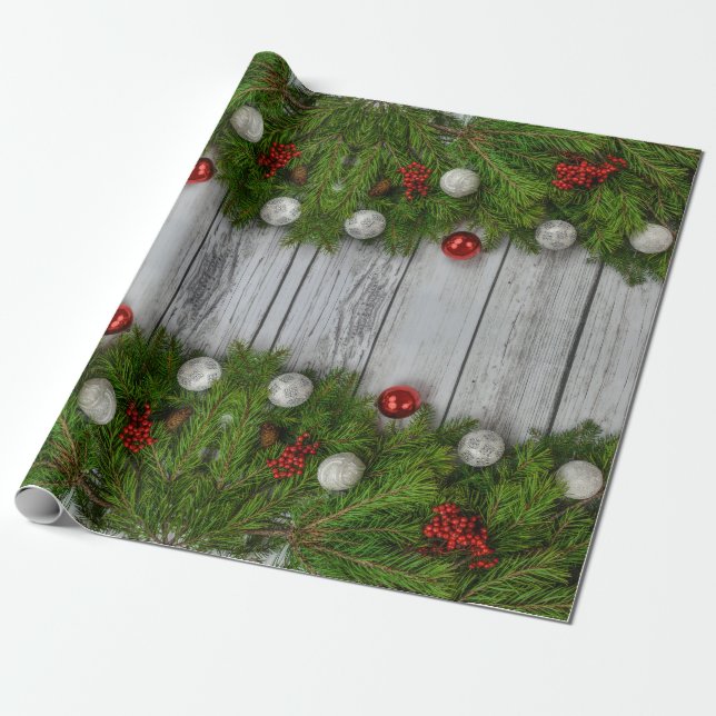 Garland on Barn Wood Christmas Wrapping Paper (Unrolled)