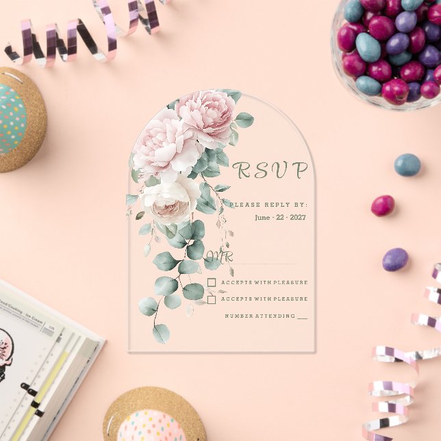 Garland pink peonies eucalyptus leaf RSVP Acrylic Invitations (Insitu (Celebration))
