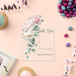 Garland pink peonies eucalyptus leaf Thank You Acrylic Invitations
