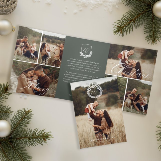 Garland Wreath Monogram Photo Gallery Christmas Tri-Fold Holiday Card (Garland Wreath Monogram Photo Gallery Christmas Tri-Fold Holiday Card)