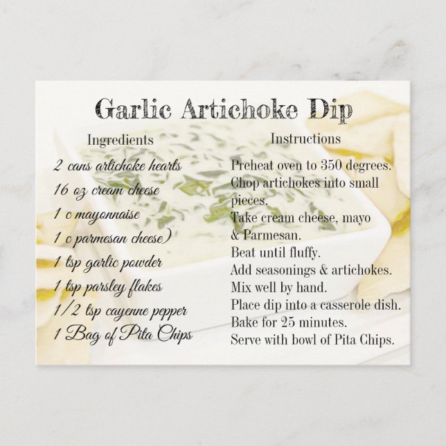 Garlic Artichoke Dip Recipe Postcard (Front)