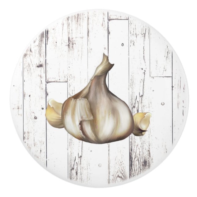 Garlic Bulb White Wood Rustic Farmhouse Kitchen Ceramic Knob (Front)