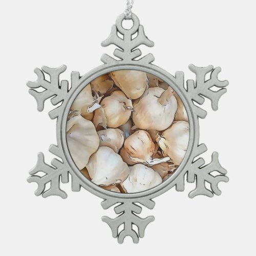 Garlic Bulbs Artistic Black Outline Art Snowflake Pewter Christmas Ornament