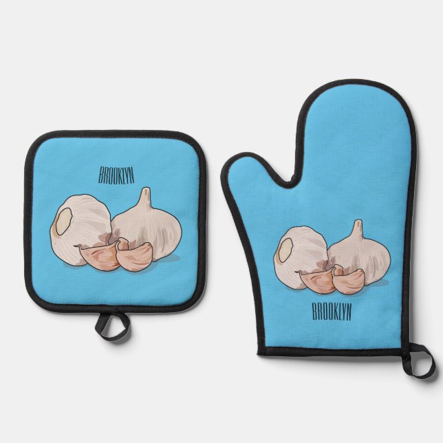 Garlic cartoon illustration   oven mitt & pot holder set (Front)
