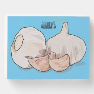 Garlic cartoon illustration wooden box sign