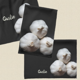 Garlic Cloves Dramatic White on Black Kitchen Towel