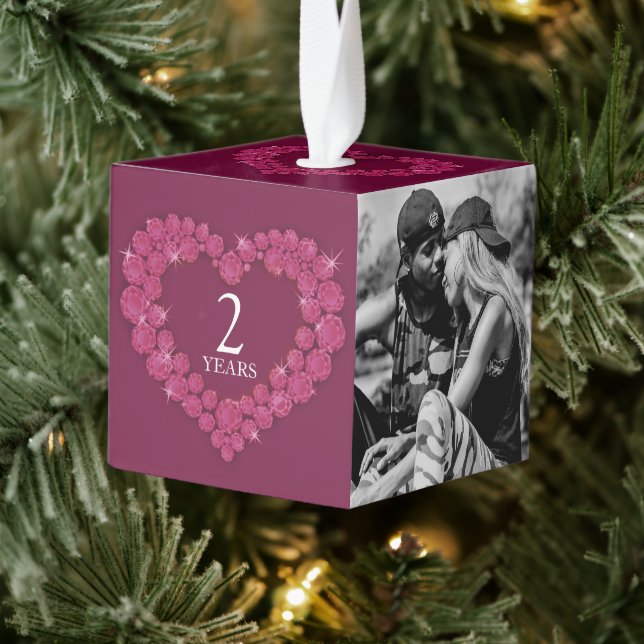 Garnet 2nd wedding anniversary heart two photo cube ornament (Tree)